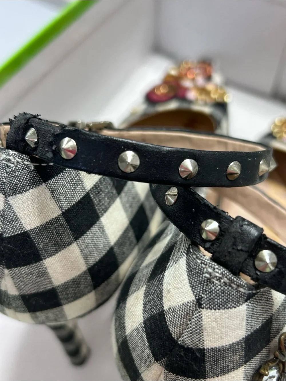 Sam Edelman Hermione Gingham Pumps Sz 7 Bee Floral Studded Optional Ankle Strap